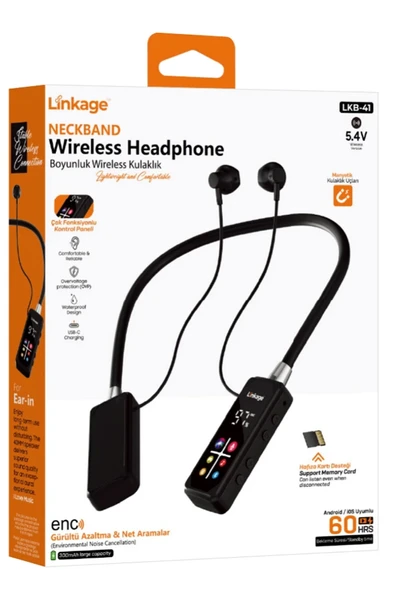 LKB-41 Boyun Askılı Kablosuz Bluetooth Kulaklık Sporcu Mikrofonlu Dijital Ekranlı -ENC Gürültü Azaltma & SD Kart Destekli ürün görseli 1