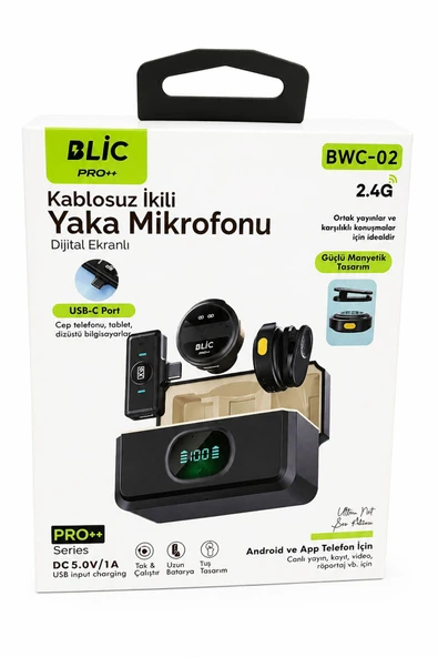 BWC-02 Kablosuz İkili Yaka Mikrofonu Dijital Ekranlı Şarj Kutulu Type-C Android & APP Uyumlu ürün görseli 1