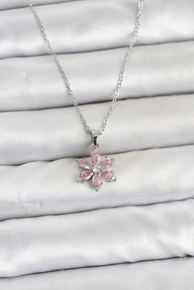 316L Çelik Zincir Gümüş Renk Pembe Zirkon Taşlı Lotus Model Kadın Kolye ürün görseli 1