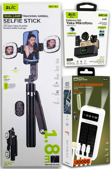 Yayıncı Seti: Blic BLT-51 Takip Özellikli 1.8m Gimbal Tripod + Blic BWC-02 Dijital Ekranlı Çiftli Kablosuz Yaka Mikrofonu Type C port + ACL PW-61 30000mAh Solar Powerbank ürün görseli 1