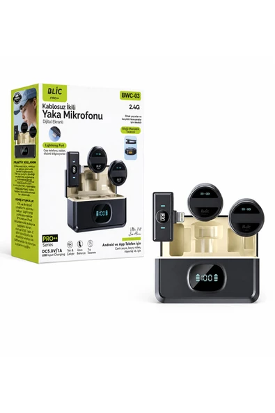 BWC-03 Kablosuz İkili Yaka Mikrofonu Dijital Ekranlı Şarj Kutulu Lightning Port Girişli ürün görseli 1