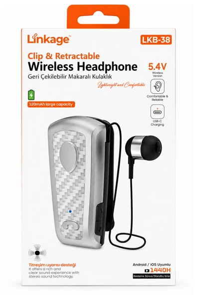 LKB-38 Makaralı Titreşimli Bluetooth 5.4 Kulaklık - Yaka Klipsli Geri Çekilebilir İş Kulaklığı ürün görseli 1