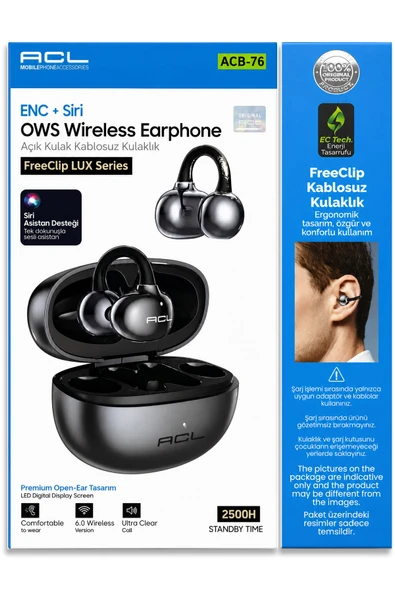 ACB-76 OWS Açık Kulak Kablosuz Bluetooth 6.0 Kulaklık Siyah Klipsli Küpe Sporcu Kulaklığı ENC Gürültü Engelleme Siri Destekli ürün görseli 1