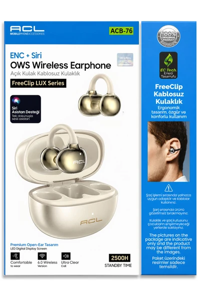 ACB-76 OWS Açık Kulak Kablosuz Bluetooth 6.0 Kulaklık Siyah Klipsli Küpe Sporcu Kulaklığı ENC Gürültü Engelleme Siri Destekli ürün görseli 1