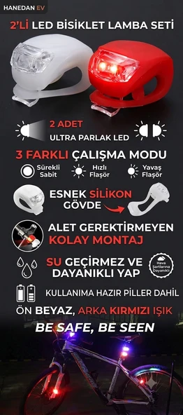 2 Adet Silikon Esnek Gövdeli 3 Modlu Led Bisiklet Lambası Ön Ve Arka Fener Seti Pilli Su Geçirmez ürün görseli 1