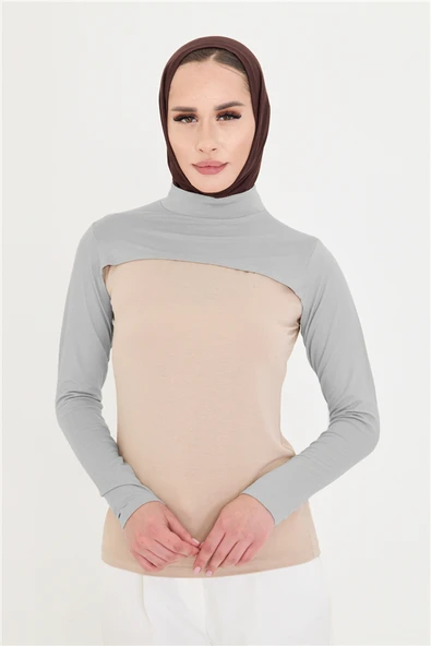 Gri Tesettür Balıkçı Yaka Boyunluklu Kolluk Viskon Düz 1025_15 ürün görseli 1