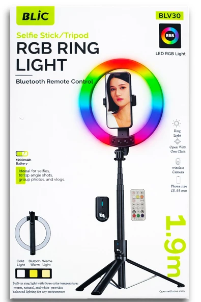 BLV30 1.9M RGB Ring Light Selfie Stick Tripod - Bluetooth Kumandalı Led Halka Işık ürün görseli 1
