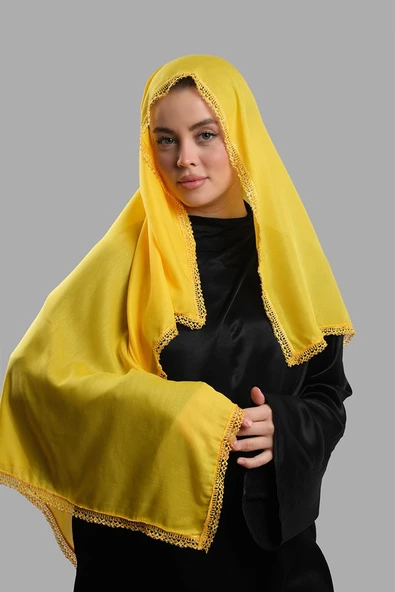 Sarı Nikah Namaz Başörtüsü Eşarp Kesik Elyaf Boncuklu Güpürlü 202213_59 ürün görseli 1