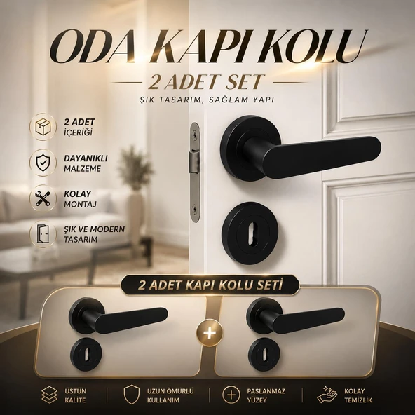 Mat Siyah Rozetli 2 Takım Oda Kapı Kolu Sağa Sola Uyumlu Modern Kapı Kolu Takımı ürün görseli 1