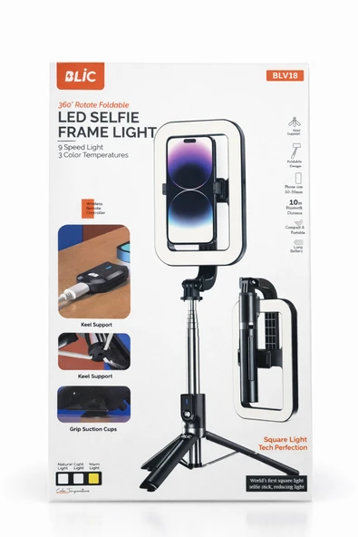 BLV18 360° Dönebilen Kare LED Işıklı Selfie Çubuğu ve Bluetooth Kumandalı Tripod ürün görseli 1