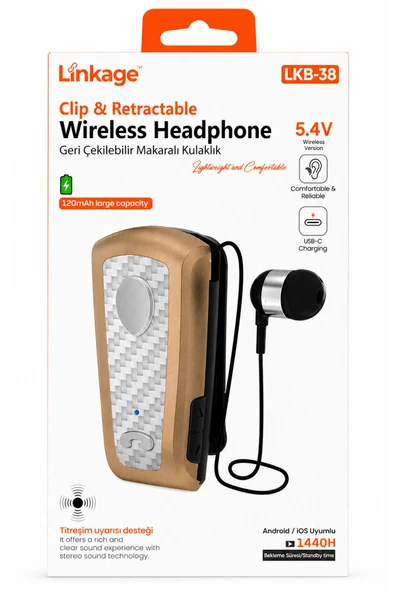 LKB-38 Makaralı Titreşimli Bluetooth 5.4 Kulaklık - Yaka Klipsli Geri Çekilebilir İş Kulaklığı ürün görseli 1