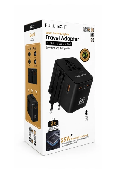 FC21 25W GaN Evrensel Uluslararası Seyahat Şarj Adaptörü Priz Dönüştürücü Çoklu Fiş Çoğaltıcı ürün görseli 1