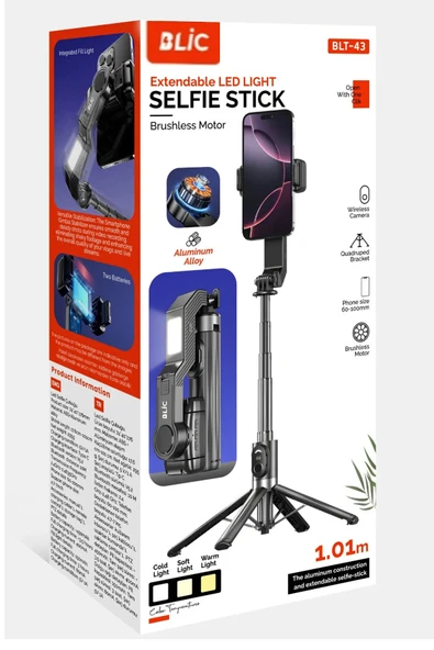 BLT-43 Selfie Tripod | Alüminyum Gövde | LED Işıklı Bluetooth Kumandalı Yatay ve Dikey Eksenli ürün görseli 1