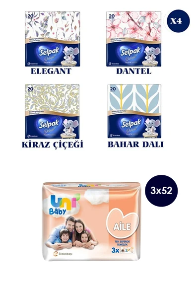 Deluxe Elegant Design Desenli Peçete 4 Paket & Aile 3x52 Islak Havlu ürün görseli 1