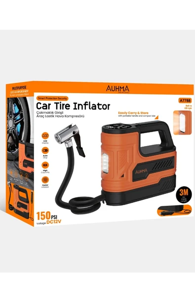 A7788 Dijital Ekran Taşınabilir Araç Lastik Hava Kompresörü 150 PSI 12V Çakmaklık Girişli LED Işıklı ürün görseli 1