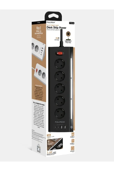 Fulltech FTR-26 Akım Korumalı Priz Siyah 5'li Priz 2 USB 2 Type-C Girişli Dokunmatik Gece Lambalı Masaüstü Çoklu Grup Priz 2 Metre ürün görseli 1