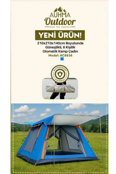 AC6636 Outdoor 6 Kişilik Tam Otomatik Kurulum Tenteli Kamp Çadırı Mavi- Su Geçirmez ürün görseli 1