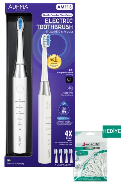 AMF13 Beyaz Şarjlı Elektrikli Diş Fırçası 5 Modlu IPX7 Su Geçirmez 4 Yedek Başlıklı Set - 50 li Diş İpi Hediyeli ürün görseli 1