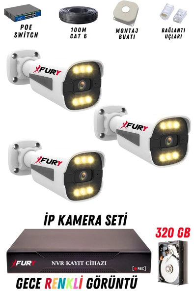 FURY 3 Kameralı Ip Güvenlik Kamerası Seti 4mp Gece Renkli Su Geçirmez 1506 320GB ürün görseli 1
