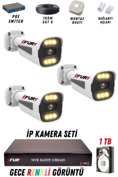 FURY 3 Kameralı Ip Güvenlik Kamerası Seti 4mp Gece Renkli Su Geçirmez 1506 1TB ürün görseli 1
