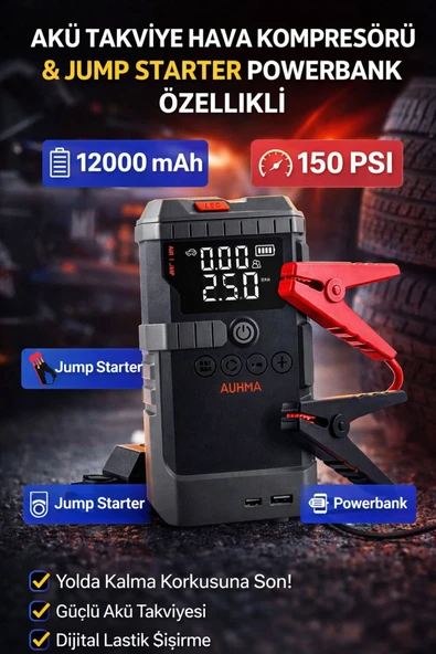 A7711 4'ü 1 Arada Taşınabilir Akü Takviye Cihazı ve Dijital Hava Pompası - 12000mAh 1200A 150 PSI ürün görseli 1