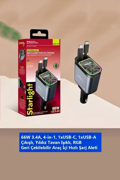 ACC-01 Starlight 66W-3.4A Süper Hızlı Araç Şarj Aleti 4in1 Geri Çekilebilir Makaralı Kablolu RGB Işıklı ürün görseli 1