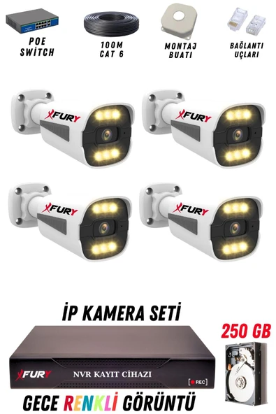 FURY 4 Kameralı Ip Güvenlik Kamerası Seti 4mp Gece Renkli Su Geçirmez 1506 250GB ürün görseli 1