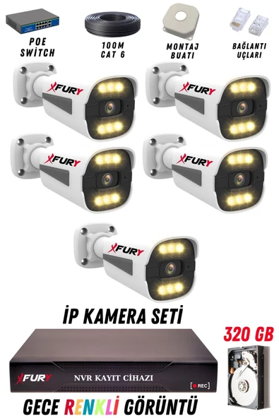 FURY 5 Kameralı Ip Güvenlik Kamerası Seti 4mp Gece Renkli Su Geçirmez 1506 320GB ürün görseli 1