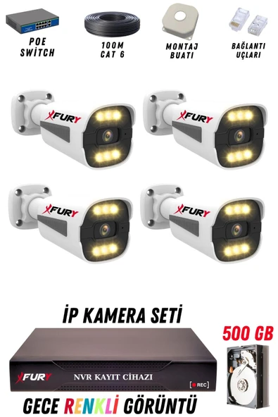 FURY 4 Kameralı Ip Güvenlik Kamerası Seti 4mp Gece Renkli Su Geçirmez 1506 500GB ürün görseli 1