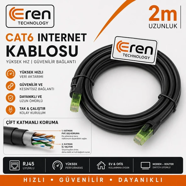 Çift Katmanlı Kaliteli Internet Kablosu Cat6 RJ45 - Resim 2