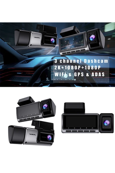 ADR 3 Kanallı Araç İçi Kamera Ön + Arka + İç Kamera 2K UHD, Geniş Açı, Gece Görüşü, Döngü, WiFi Adas ürün görseli 1