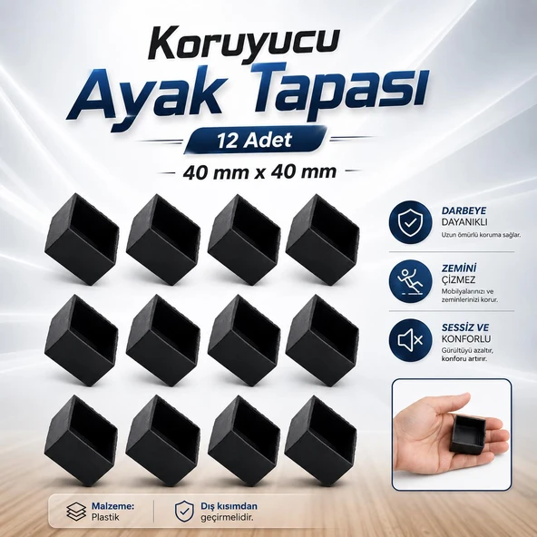 Kare Profil Dış Takoz (40x40 mm) Masa Sandalye Sehpa Tapası Tıpa Papuç Parke Zemin Koruyucu 12 Adet ürün görseli 1
