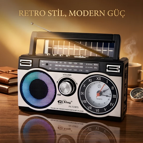 Solar Şarjlı Bluetooth Radyo Saatli RGB Ledli USB/SD Destekli Type-C Şarjlı Nostaljik Radyo ürün görseli 1