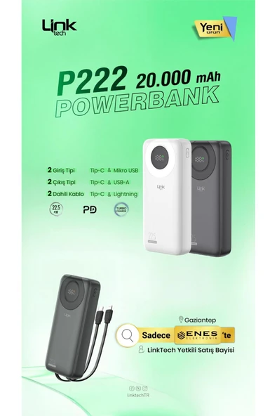 Linktech P222 20000 mah 22.5w powerbank ürün görseli 1