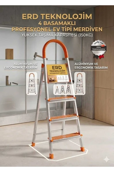 ADR 4 Basamaklı Profesyonel Ev Tipi Alüminyum Merdiven 150 Kg Taşıma Kapasitesi ürün görseli 1
