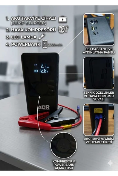 ADR 5 İN 1 Araç Akü Şarj Takviye Dijital Göstergeli Hava Kompresörü Devre Korumalı 8000Mah Powerbank ürün görseli 1