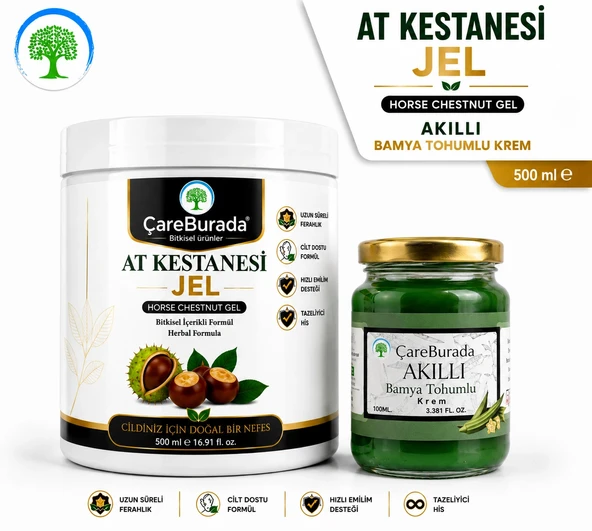 ÇareBurada At Kestanesi Jel 500 ml. & ÇareBurada Bamya Tohumlu Masaj Kremi 100 ml. | Ferahlatıcı Jel, Besleyici Masaj Kr ürün görseli 1
