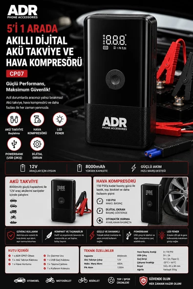 ADR 5 İN 1 Araç Akü Şarj Takviye Dijital Göstergeli Hava Kompresörü Devre Korumalı 8000Mah Powerbank ürün görseli 1
