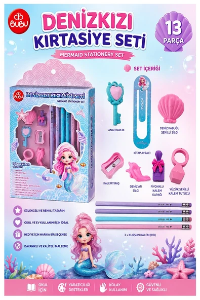 Deniz Kızı Kırtasiye Seti 1 Paket 13 Parça Kurşun Kalem Silgi Kalemtraş Cetvel Kitap Ayracı Kalem Başlığı Okul Seti ürün görseli 1