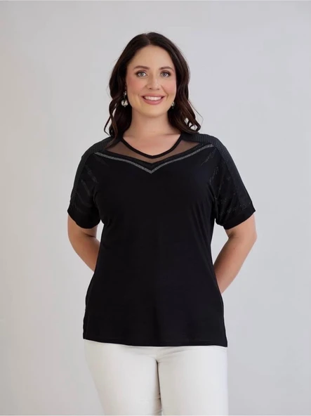 Kadın Siyah V Tül Yaka Detaylı Şık Tshirt ürün görseli 1