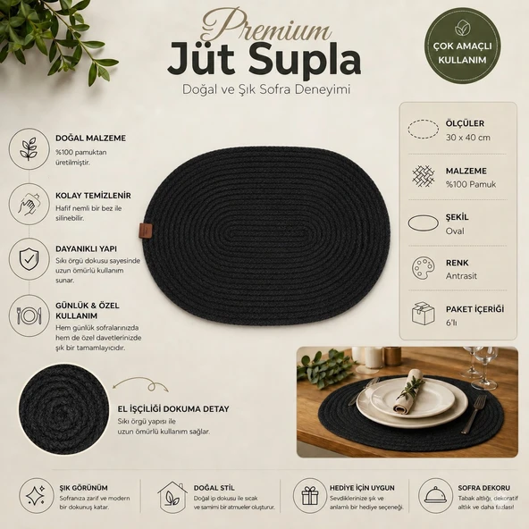 FABRİX HOME 6 Adet Siyah Oval Jüt Supla / Amerikan Servis Lux Sunum Tabak Altlığı ürün görseli 1