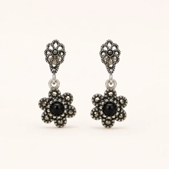 925 Ayar Gümüş Oltu Taşı Küpe – Flower ürün görseli 1