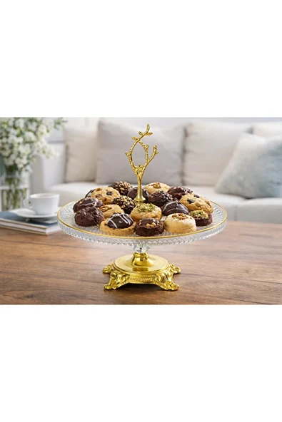 Cam Gold Ayaklı Sunumluk, Pasta , Kek , Servis Standı,  Gold Saplı,  Cam Servis Tabağı ürün görseli 1