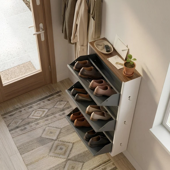 Cabsette Ahşap Tablalı Oval Kenarlı 3'lü Metal Ayakkabılık - Resim 5