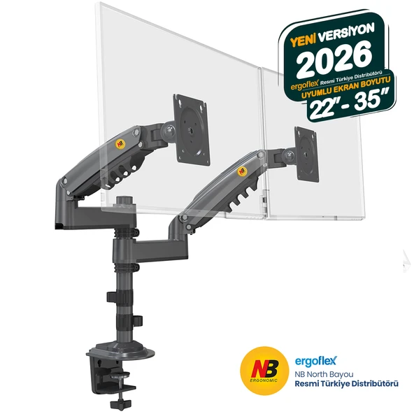 Ergoflex NB Ergonomic NB H180 22-35inch Çift Kol Amortisörlü 2-9 kg Monitör Standı 2026 Versiyon Gri ürün görseli 1