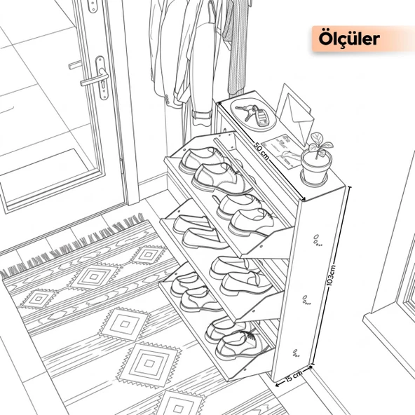 Cabsette Ahşap Tablalı Oval Kenarlı 3'lü Metal Ayakkabılık - Resim 6
