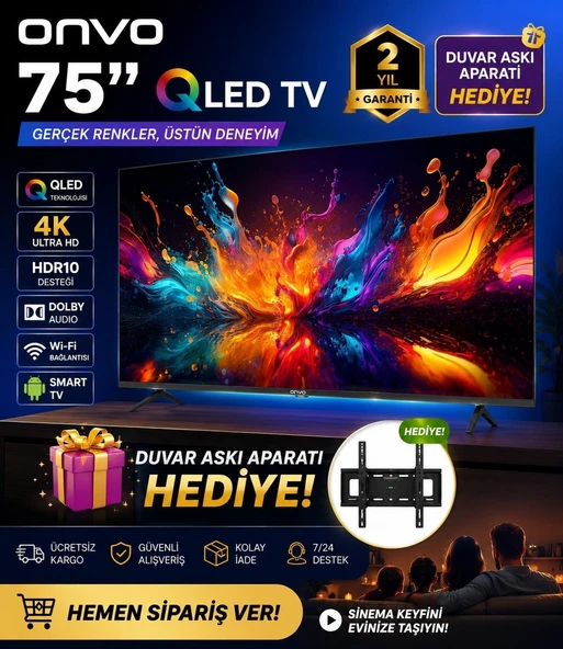 ONVO 75" 4K UHD QLED TV + ASKI APARATI HEDİYELİ ürün görseli 1