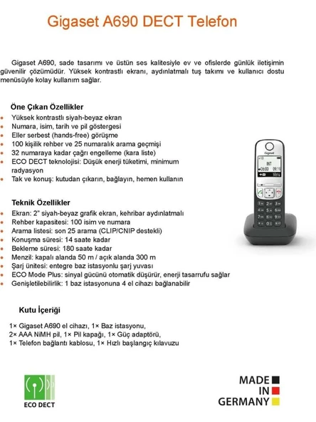GIGASET TELSIZ DECT TELEFON A690 SIYAH - Resim 5