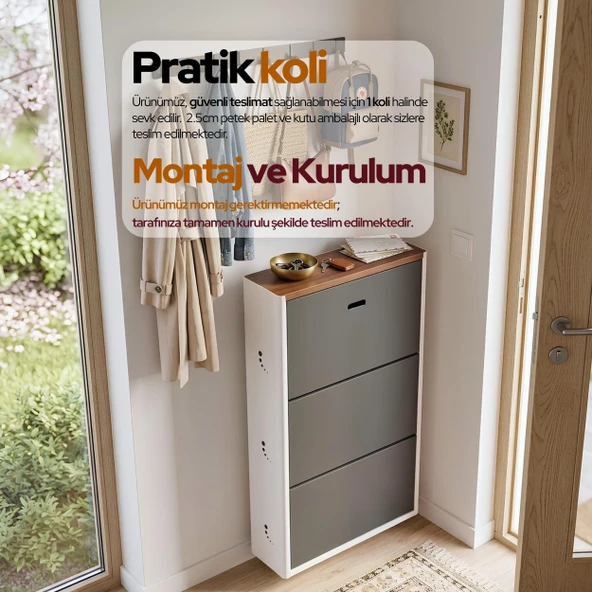 Cabsette Ahşap Tablalı Oval Kenarlı 3'lü Metal Ayakkabılık - Resim 7
