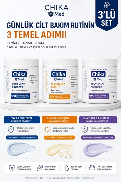 Chika Med + Aydınlatıcı Bakım Seti + Niacinamide Bright + Panthenol Comfort + Ceramide Protect 3’lü Set  Eşit Cilt Tonu & Işıltılı Görünüm & Onarıcı Etki ürün görseli 1